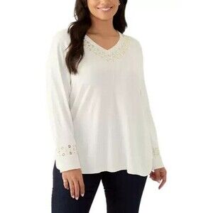 Ruby Rd. Women's Plus Size Grommet Embellished Fine Gauge Sweater Ivory Gold 3X